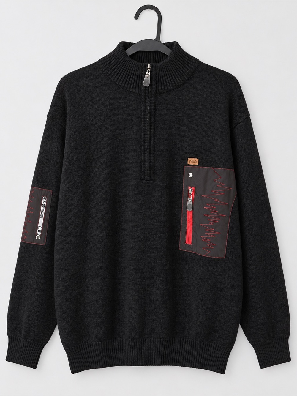 SEPTWOLVES Black Wool Blend Quarter Zip Sweater Utility Pocket